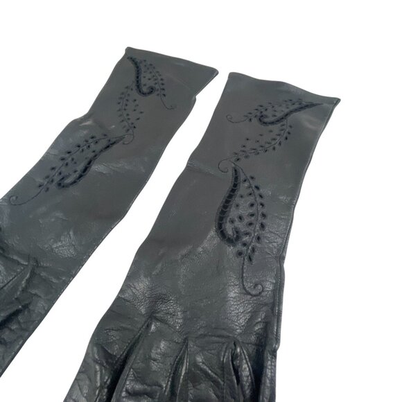 Vintage Women's Black Leather Gloves Intricate Paisley Embroidery Design - Picture 11 of 12